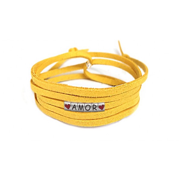 Pulseira Amor Coração de Couro Amarelo