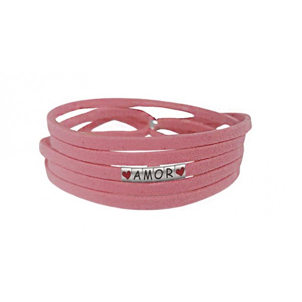 Pulseira Amor Coração de Couro Rosa