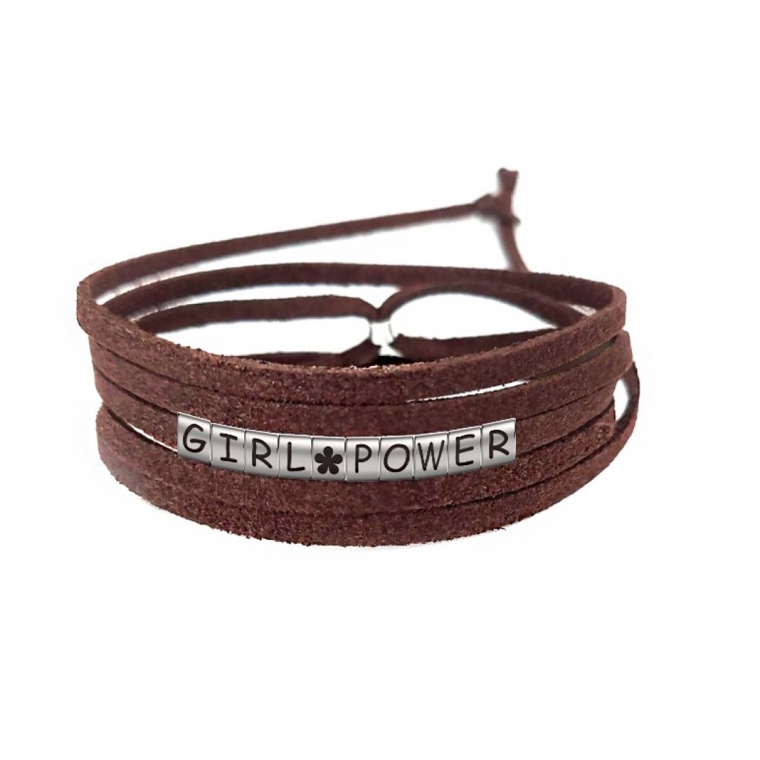 Pulseira Girl Power com Flor de Couro Marrom