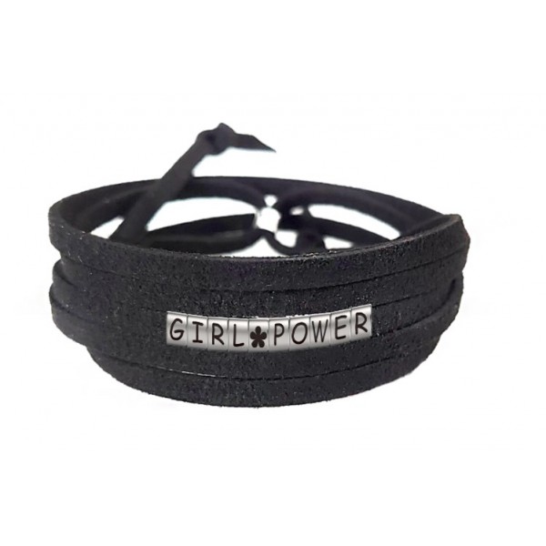 Pulseira Girl Power com Flor de Couro Preto