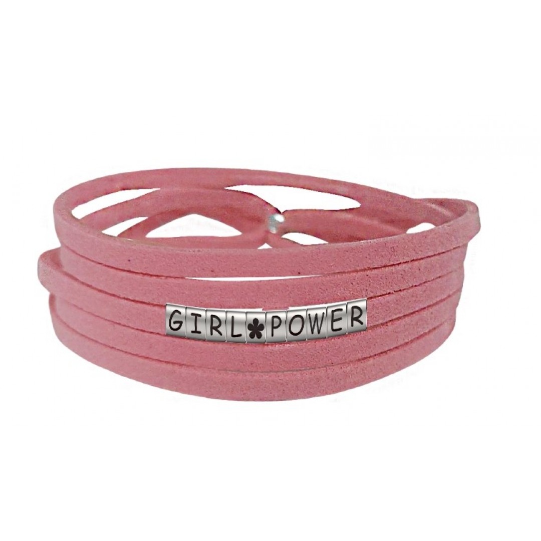 Pulseira Girl Power com Flor de Couro Rosa