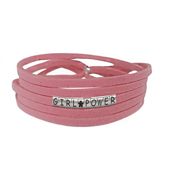 Pulseira Girl Power com Flor de Couro Rosa