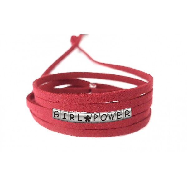 Pulseira Girl Power com Flor de Couro Vermelho