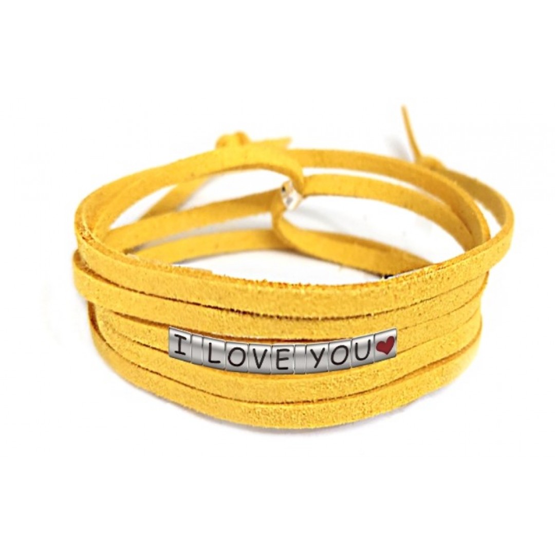 Pulseira I Love You Com Coração de Couro Amarelo