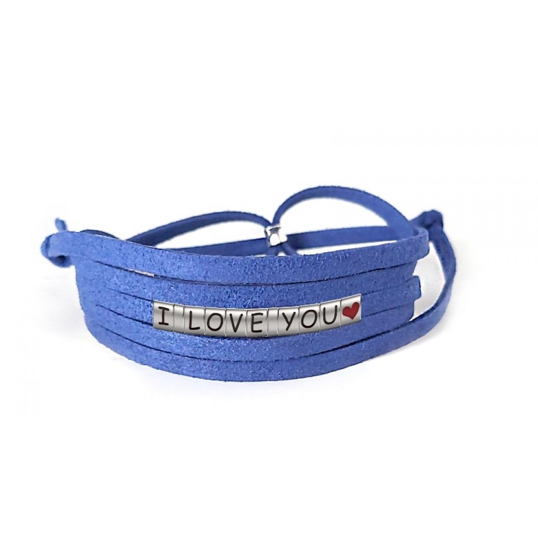 Pulseira I Love You Com Coração de Couro Azul