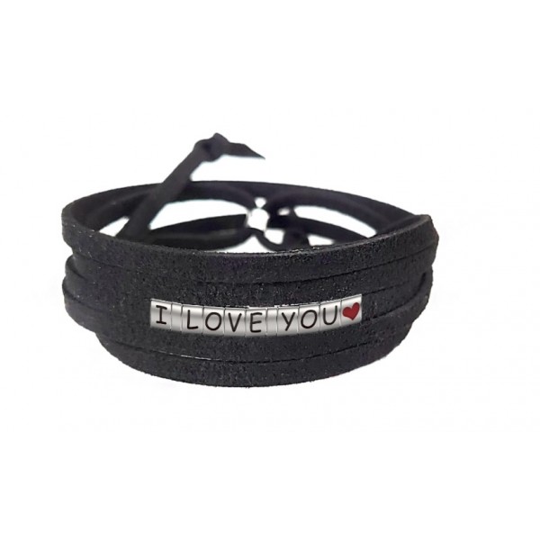 Pulseira I Love You Com Coração de Couro Preto