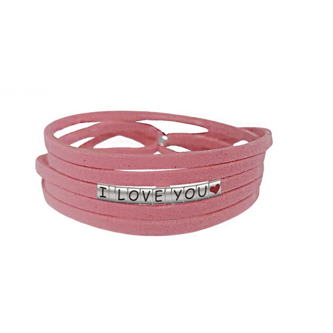 Pulseira I Love You Com Coração de Couro Rosa