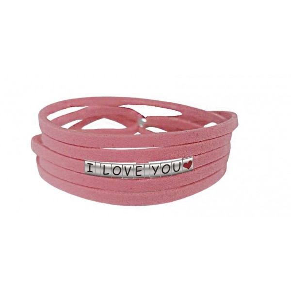 Pulseira I Love You Com Coração de Couro Rosa