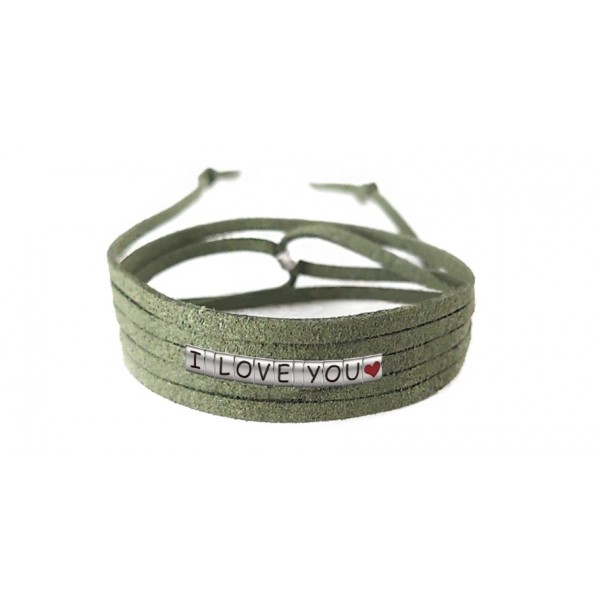 Pulseira I Love You Com Coração de Couro Verde