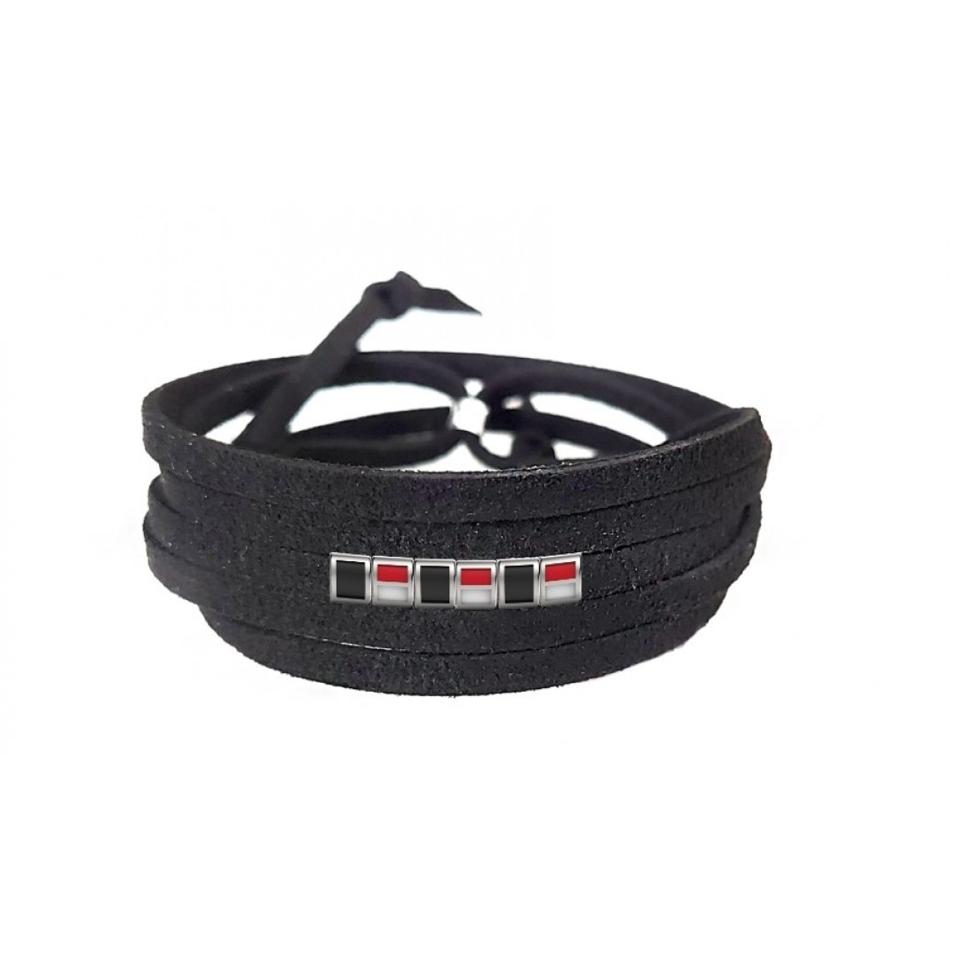 Pulseira Time de Futebol Branco, Vermelho e Preto de Couro Preto