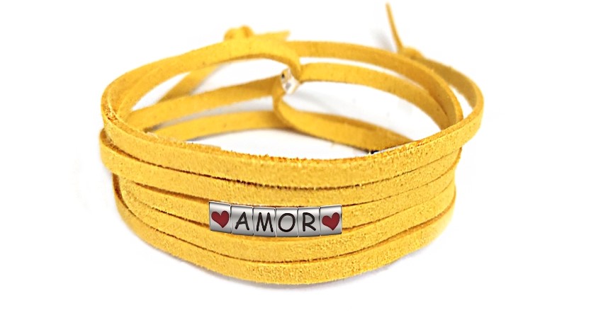 Pulseira Amor Coração de Couro Amarelo