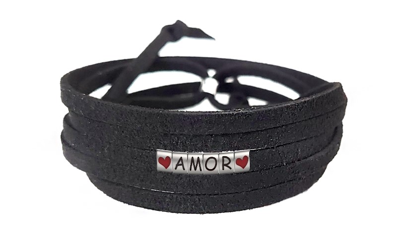 Pulseira Amor Coração de Couro Preto