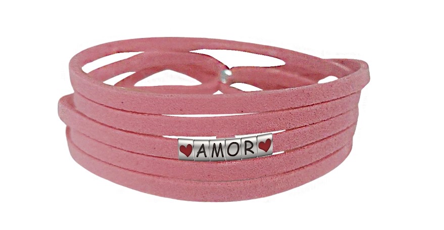 Pulseira Amor Coração de Couro Rosa