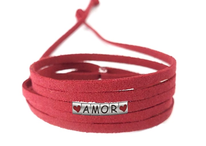 Pulseira Amor Coração de Couro Vermelho