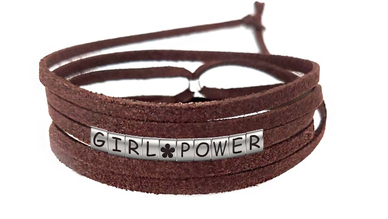 Pulseira Girl Power com Flor de Couro Marrom