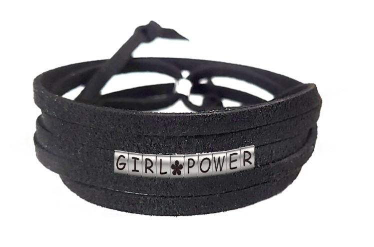 Pulseira Girl Power com Flor de Couro Preto