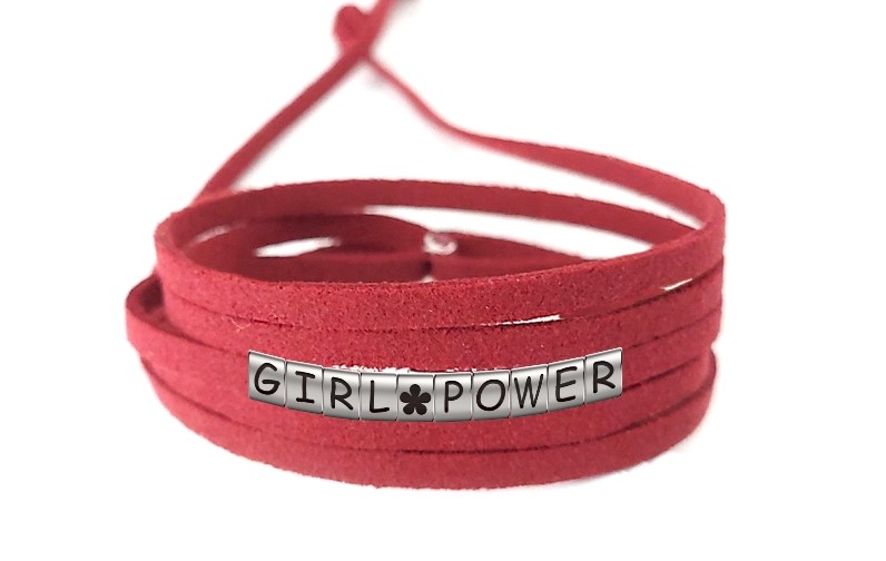 Pulseira Girl Power com Flor de Couro Vermelho