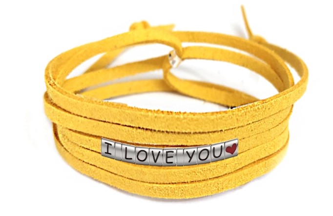 Pulseira I Love You Com Coração de Couro Amarelo