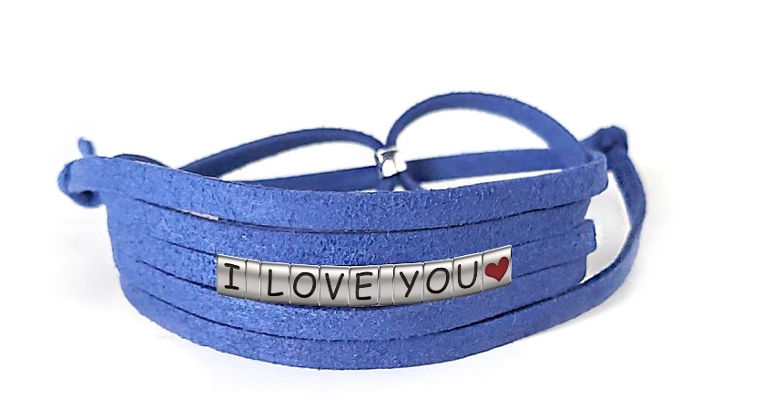 Pulseira I Love You Com Coração de Couro Azul