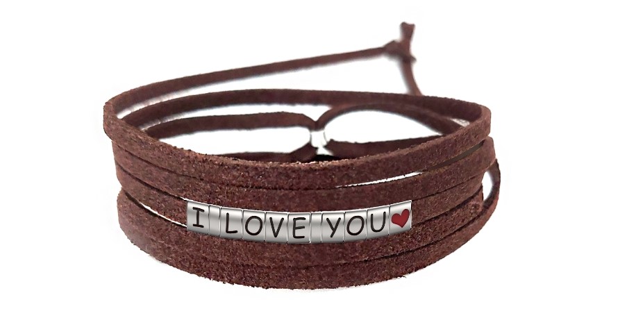 Pulseira I Love You Com Coração de Couro Marrom