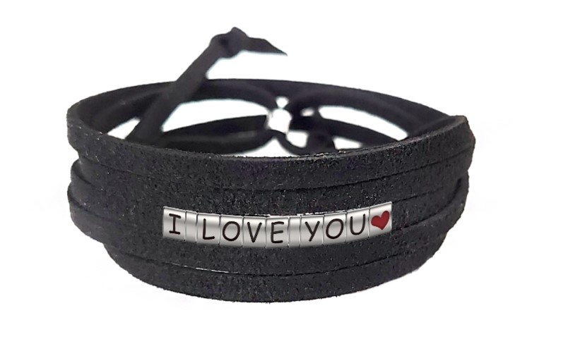 Pulseira I Love You Com Coração de Couro Preto