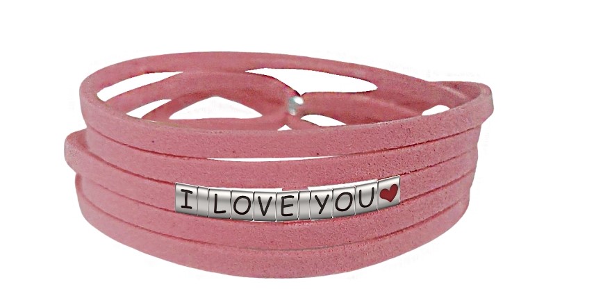 Pulseira I Love You Com Coração de Couro Rosa